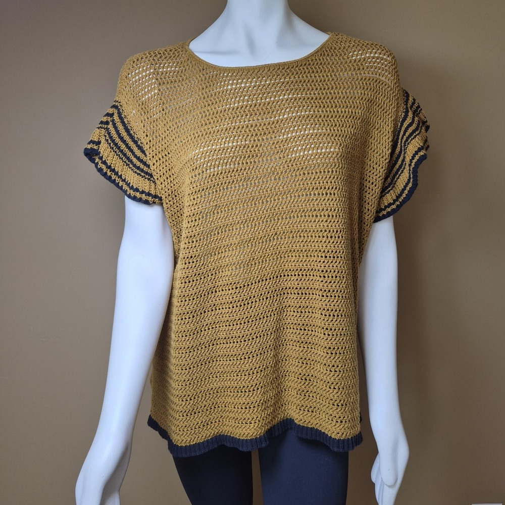 Ann Taylor Loft XL Knit Crochet Top Yellow Navy Sailor Stripe Sleeve Womens
